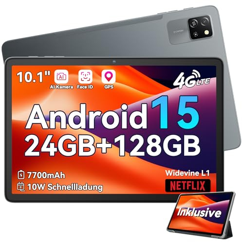 Blackview Android 15 Tablet 10 Zoll, Tab60Pro Gaming Tablet 4G LTE+5G WLAN 24GB(8+16) RAM 128GB ROM (2TB TF) 7700mAh 5MP+8MP Unisoc Octa-Core, Face ID/GMS/GPS/3.5MM Kopfhörerbuchse/BT5/Widevine L1