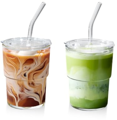 Icesip 15 oz Matcha Cup Iced Coffee Tumbler, 15 oz, Set of 2 | Water Glass with Straw and Lid, Clear Thick Wall Matcha Iced Coffee Glass To Go for Smoothie Tea Soda Juice