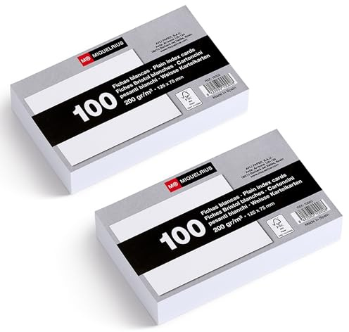 Miquelrius - 200 g/m² kartongkort, studie- och oppositionskort, paket med 200 enkla anteckningsböcker, storlek 125 x 75 mm, flashcards, skol- och kontorsmaterial