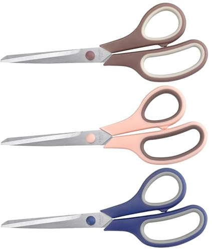 Scissors 8.5 Inch scissors all purpose Bulk Set of 3, Scissors for Office Home School Craft Supplies, Soft Comfort-Grip Right/Left Hand, Navy Blue, Pink, Brown