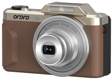 Ordro D27 Appareil photo numérique | Zoom optique 6x | Vidéo 4K 1080p Full HD | Design rétro vintage | Petit appareil photo compact pour voyage, vlogging, marron