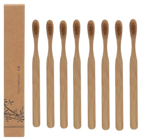 Lot de 8 brosses à dents jetables en poils de sanglier en bambou avec poignée en bois naturel pour un nettoyage en douceur - Soins bucco-dentaires pour adultes - Zéro gaspillage