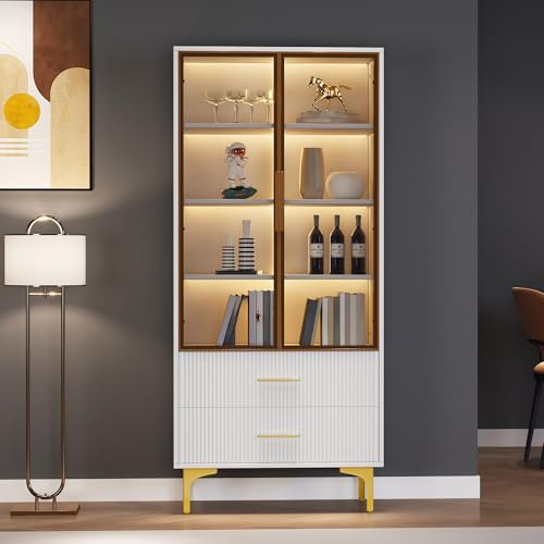 Vitrin 70 x 35 x 150 cm, vitt teglas med 2 glasdörrar, guldfötter, 2 lådor, LED-belysning, 3 justerbara glasgolv, högskåp, stående vitrinskåp, samlarvitrin, highboard, vardagsrum