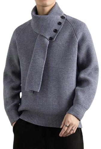 Stickad tröja för män långärmad v-ringad termisk pullover tröjor med avtagbar halsduk, Grått, XXL