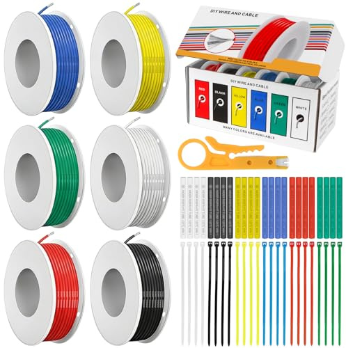 Cable eléctrico de PVC, 20 AWG 0.5mm², Kit de alambre flexible de alambre eléctrico 6 colores (10 metros cada uno) cobre estañado para aviones RC DIY, vehículo RC, electrodomésticos, medidores Ect