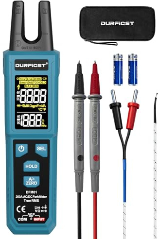 DURFICST Stromzange TRMS 4000 Counts, Strommesszange mit 200A AC/DC & 600V | Digitale Zangenamperemeter mit NCV, Kapazitätsmessung, Durchgangsprüfung, Temperaturmessung