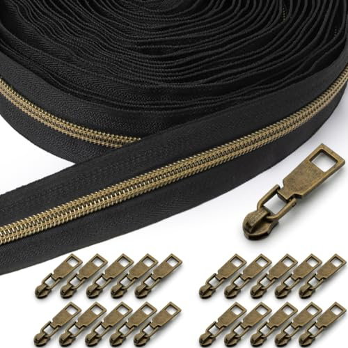 Sonekin 15 M Endlosreißverschluss mit Zipper (Schwarz + Antikbronze) | Einfach zu Montieren, Leichtgängig, Einfach zu Vernähen, Auf die Gewünschte Länge Zuschneidbar, Exquisite Verarbeitung