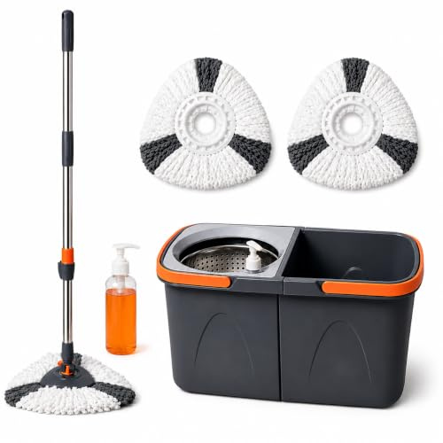 Toyana Spin Mop and Bucket Set - Dual Compartment for Clean Dirty Water Separation, Durable Stainless Steel Rotating Wringer for Easy Hands-Free Floor Cleaning
