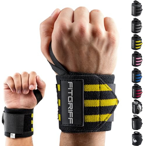 Fitgriff® Handledsbandage [handledsomslag] 45 cm handledsbandage för fitness, handledsstöd, bodybuilding, kraftsport och crossfit Svart / gul