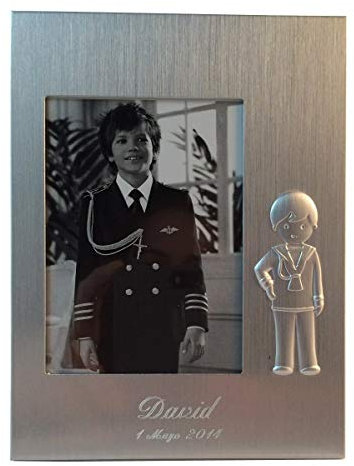 Lote 6 Marco para comunión personalizada con nombre y fecha - Portafotos para recuerdo de aluminio grabado (Niño)