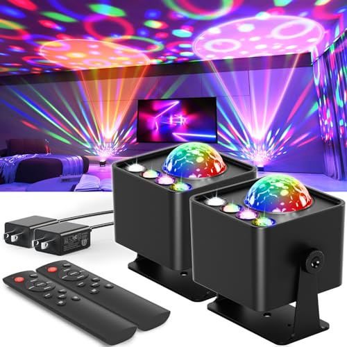 2 Pack Disco Ball Light Party Lights, LED Dj Disco Light Sunset Lamp Projector Strobe Light Sound Activated Stage Lights with Remote Control for Home Room/Parties/Kids Birthday/Wedding/Wall/Bar/Decor