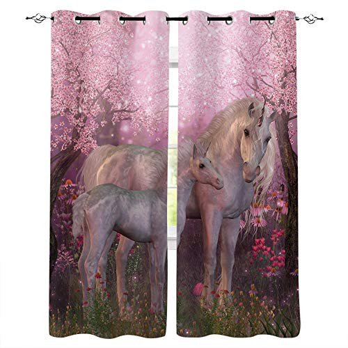 MXYHDZ Blickdicht Vorhang für Schlafzimmer - Rosa Tier Pferd Blume - 3D Druckmuster Öse Thermisch isoliert - 140 x 160 cm - 90% Blickdicht Vorhang für Kinder Jungen Mädchen Spielzimmer