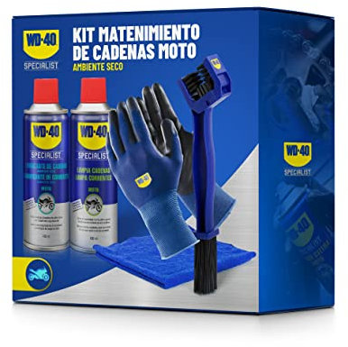 WD-40 Specialist Motorbike Kit Mantenimiento Cadena Moto Ambiente Seco (Limpia Cadenas + Lubricante de Cadenas Ambiente Seco + Cepillo Limpia Cadenas + Guantes de Trabajo +Paño de Microfibra)