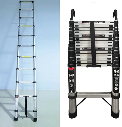 Ausziehleiter Teleskopleiter 4,4m, Rutschfester Edelstahl Leiter mit 2 Haken, Loftleiter Stehleiter mit 14 Sprossen, 150 kg Tragkraft
