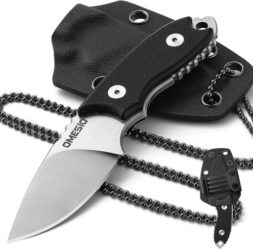 Omesio Neck Knife, kleines feststehendes D2 EDC Messer mit Kydexscheide und Kugelkette, Hals Messer für Outdoor (Schwarz)