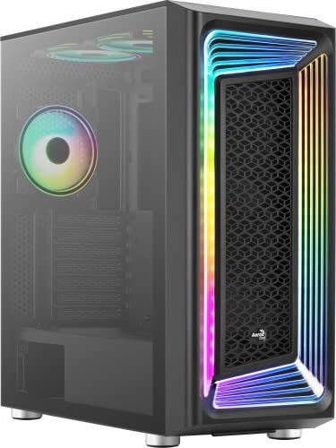 Aerocool INTERSTELLAR, ATX RGB Semitower Gehäuse, 3X PWM 120mm ARGB Lüfter + 2X 120mm Lüfter, gehärtetes Glasfenster, Schwarz