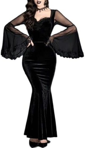 LANSHULAN Gothic-Kontrast Netzstoff Volantärmel Samt Meerjungfrau Saum Kleid Kleidung, Volantärmel aus Netzstoff, X-Groß