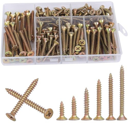 AMLOOPH M3.5 Wood Screws Assortment, 190pcs Self Tapping Screws For Wood Decking 16/20/25/30/35/40mm Small Assorted Zinc Plated Drywall Concrete Screw Set Mixed, With Plastic Box