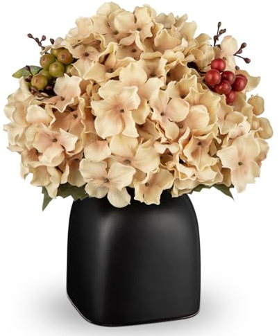 Briful Kunstblumen Wie Echt Künstliche Hortensien Elfenbein Dekoblumen mit Beeren in Schwarzer Keramikvase Blumengesteck für Büro Resto Wohnzimmer Bad Herbst Dekoration