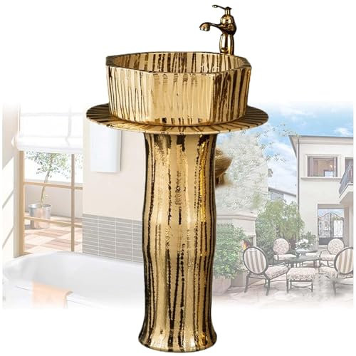 ZTGL Standwaschbecken Glänzendes Gold aus Keramik Waschbecken Standwaschtisch Waschtisch Waschplatz Waschbecken Rund Mit Wasserhahn Und Abflussgarnitur,Without Mirror