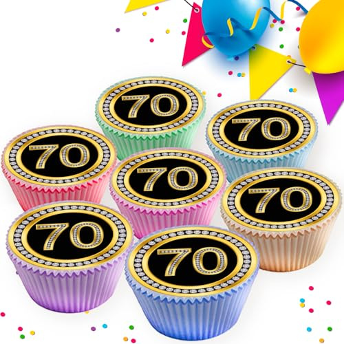 30 x 70TH BIRTHDAY AGE 70 70TH ANNIVERSARY BLACK & GOLD EDIBLE ICING 3.8 cms CUPCAKE TOPPERS DECORATIONS