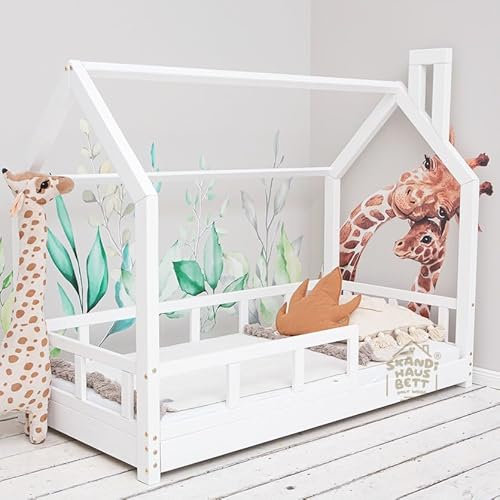 Hausbett 100x200 Mit Rausfallschutz Weiß - Bell - Kinderbett mit Lattenrost - Kinderbett Haus - Rausfallschutz Bett Holz für Kinderzimmer - Kinderbett Mädchen und Jungen