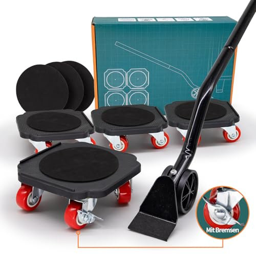 Möbelheber mit Bremsen, MARIE möbel transportrollen Set mit Schonende Transportrollen aus TPE, Mühelosen Möbeltransport, 4 Möbelroller und 1 Lastenheber