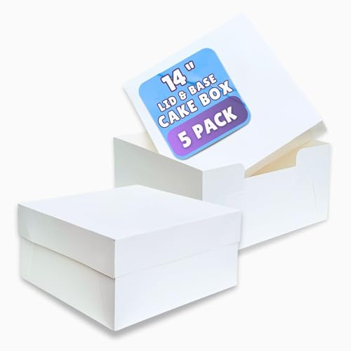 PACK N TRADE White 14 inch cake box, Pack of 5 Square Cardboard Cake Boxes with lids (14 x 14 x 6 Inches), Ideal for Safely Carrying and Transporting Cakes