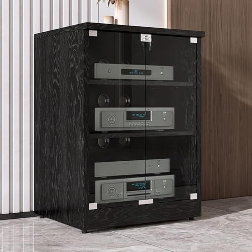 LYXWGRZD 3-Tier AV Media Stand, Media Storage Cabinet With Adjustable Shelves, Stereo Cabinet With tempered glass door, Audio Rack(Black,80cm/31.4in(3 Tier))