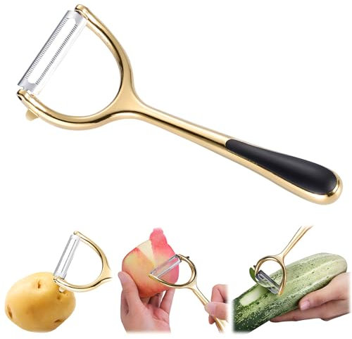 GJV Pelaverdure con lama affilata in lega di zinco, manico ergonomico antiscivolo. Pelapatate a forma di Y per patate, carote, cetrioli, aglio, arancia, limone, mela (seghettato, oro)