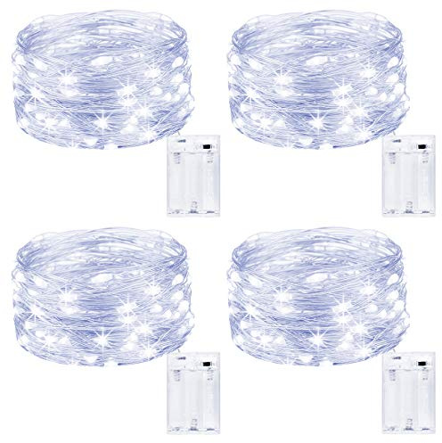 Kolpop 4 Packs Fairy Lights Battery Operated, 5m 50 LED Copper Wire Christmas String Lights, Cool White LED Twinkle Lights for Bedroom Wedding Birthday Party Indoor Tree DIY Decorations