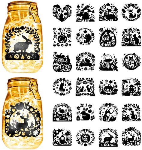 CREATCABIN 24 Pcs 24Styles Halloween Pumpkin Mason Jar Decals Silhouettes Animals Fox Rabbits Laser Cut Cardboard Scrapbook Cutouts Waterproof Stickers for Lantern Jars Water Bottle 3.5x3.9 Inch