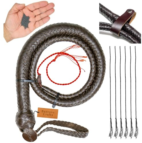 Bantoro Crafts 3 ft Leder‑Schlangenpeitsche, 12‑Fach geflochten, Metallkern, schrotgefüllt, flexibel, ohne Griff, mit Gürtelhalter & 6 extra Riemen
