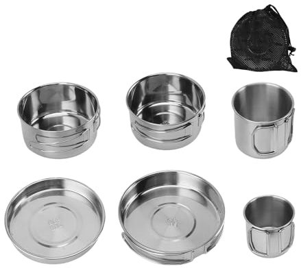 Jerliflyer 6PCS Portable Cookware Set, 304 Stainless Steel Rapid Heating Camping Cookware Set, Lightweight Stackable Camping Pots and Pans Plate Set Camping Gear for Outdoor Backpacking