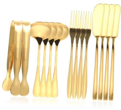 PHENOFICE Set De Couteaux à Fromage Portables Et Tartineurs De Fromage 14 Pièces En Acier Inoxydable Doré, Cuillère à Café Et Fourchette à Dessert, Essentiels Cuisine Pour Table Et Réception
