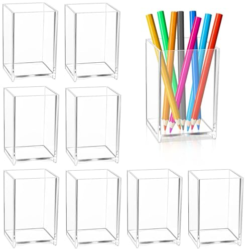 RETON Lot de 9 pots à crayons en acrylique, pot à stylo transparent carré pour bureau, support à pinceaux de maquillage, organisateur de bureau pour stylos et crayons pour la salle de classe, la