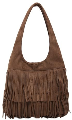 CORIOS Borsa a Mano in Pelle Scamosciata da Donna con Frange Hippie Occidentale a Tracolla Grande - Elegante Tote Retro per Lavoro, Shopping, Viaggio - Caffè