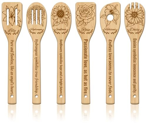 GLOBLELAND 6 Pièces Ensemble D'Ustensiles de Cuisine en Bambou avec Fleurs et Cuillères de Cuisine Gravées en Bois Spatules de Cuisine Bambou Sculpté Cuillère pour Mère l'amie Femmes Cadeau