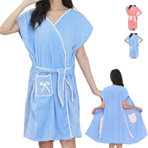LHLZNB With pockets Bathrobe Bath Towel Wrap Womens Wearable Bath Towel Bathtub Shower Dress Absorbent Bathing Skirt for Sauna Spa Shower，bath towels，Suitable for home, swimming, beach (blue)