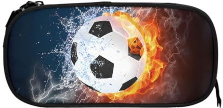 Large Capacity Football Boys Pencil Case, Cool Fire & Water Portable Black Soccer Pen Bag, Pencil Pouch with Zipper for Teens Stationary Supplies, Multifunction Pencil Box for Sports Girls