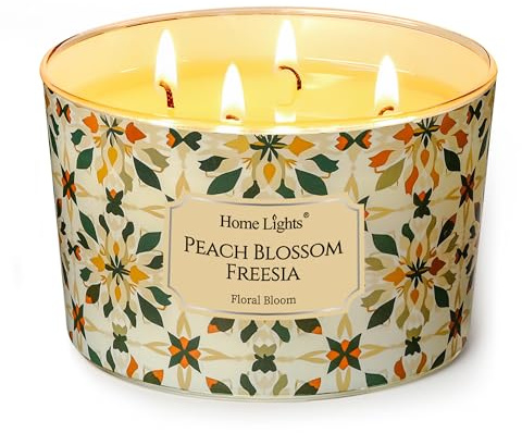 HomeLights Velas de cera de soja para el hogar, velas de 4 mechas con aroma a Flor de Durazno Fresia, velas de aromaterapia, regalo para fiestas, relajante, texturas naturales bohemias, 18oz