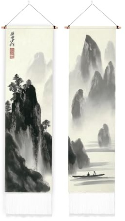 PLIGREAT 2 paquetes de Tapiz Tradicional con Tinta Y Borlas Tapices de Pared de Paisaje Antiguo Chino Negro Blanco Tapiz de Pared para Dormitorio Salón Decoración Artística Larga Estrecha 130 x 33 cm