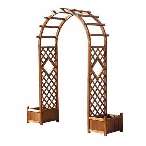 Garden Pergola Arch with Integrated Planters Wooden Rose Trellis with Side Flower Boxes Climbing Plant Support Trellis (210cm Height) - Perfect for Outdoor Decor