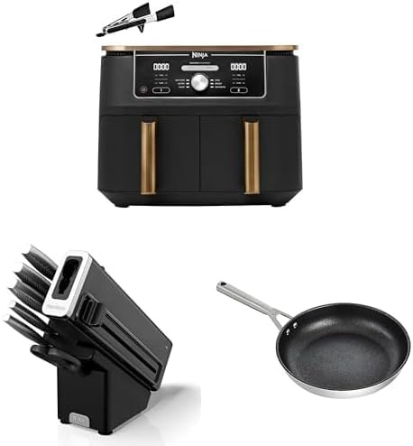 Ninja Foodi MAX Dual Zone Air Fryer, 9,5L, Cuivre/Noir, AF400EUCP + StaySharp Ensemble de couteaux 6 pièces, Noir, K62006EUUK + ZEROSTICK Poêle en acier inoxydable de 28 cm, C60028EU