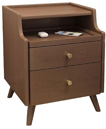 Mesita de noche estrecha de madera con 2 cajones, moderna y delgada de nogal, para espacios pequeños, estilo de mediados de siglo, 35 cm, diseño compacto