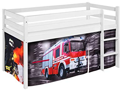 Lilokids Hochbett JELLE 90×200 cm | 90x190 cm – Kinderbett & Spielbett aus Massivholz (Kiefer) inkl. Lattenrost – Verschiedene Markenmotive (Feuerwehr, 90 x 200 cm)