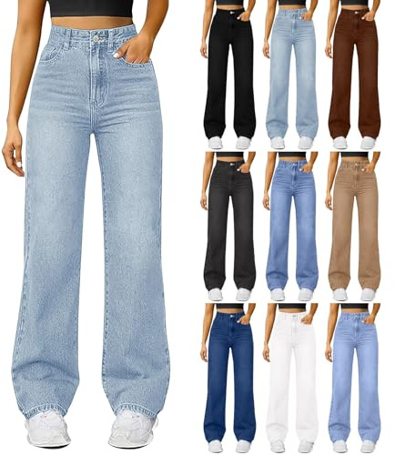 Wide Leg Jeans Damen High Waist Jeanshose Damen Baggy Jeanshosen Straight Leg Hose Freizeithose Stoffhose Streetwear Damenjeans Stretch Loose Breite Jeans Bequeme Locker Hosen Mit Taschen