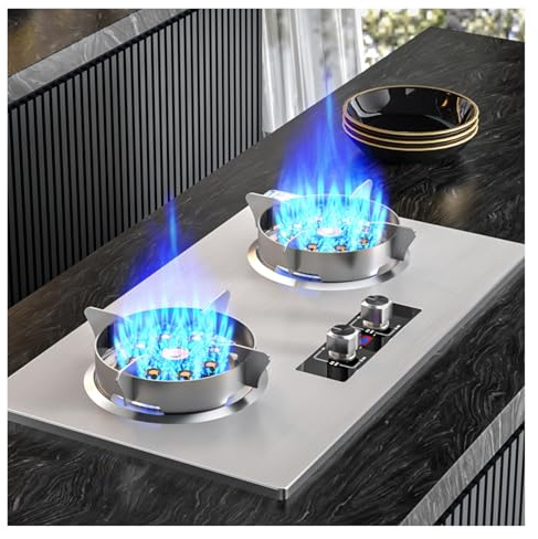 Fornello a gas a doppio bruciatore 5,2 KW, pannello in acciaio inox, timer bilaterale indipendente, adatto per cucina di casa, campeggio, giardino, ristorante