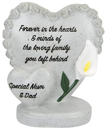 Ornement commémoratif spécial maman et papa double cœur avec bordure rose et lys blanc – Décoration funéraire sur pied effet pierre avec inscription – Tombe, cimetière et jardin souvenir souvenir