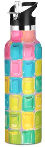siphylline Bottiglia d'acqua isolata leggera con stampa a blocchi di vetro colorato blu giallo con manico a doppia parete bottiglie isolate sottovuoto per acqua, latte, succhi di frutta, scuola